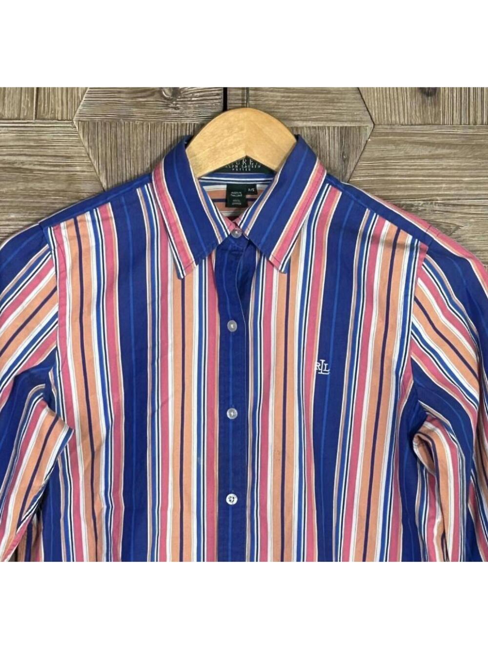 Lauren Ralph Lauren Classic Cotton Striped Button Up Shirt PS Pink Blue Preppy